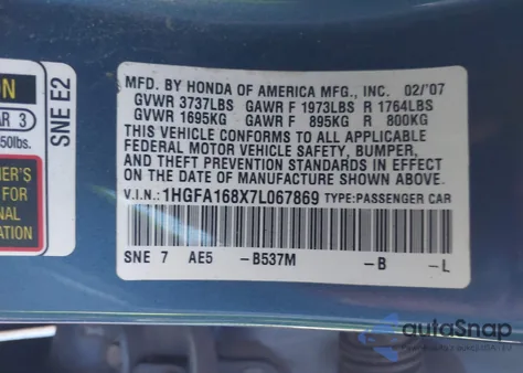 2007 Honda Civic Ex из США, поврежденный, VIN 1HGFA168X7L067869